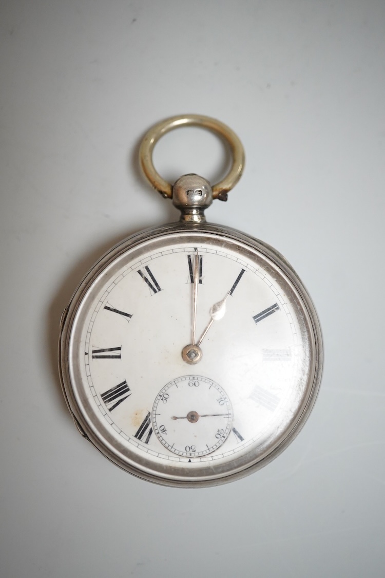 A late William IV silver open faced pocket watch, by William Latch, Newport, with Roman dial, together with a late Victorian silver open faced pocket watch and a Swiss 935 standard open faced pocket watch, retailed by Pi